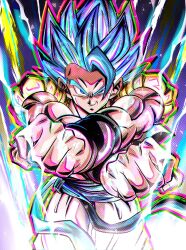 Rule 34 | 1boy, baggy pants, biceps, black vest, black wristband, blue eyes, blue hair, blue sash, clenched hands, closed mouth, commentary request, cowboy shot, crossed wrists, dragon ball, dragon ball super, energy, gogeta, halftone, highres, looking at viewer, male focus, metamoran vest, multicolored background, muscular, muscular male, outstretched arms, pants, sash, smile, smirk, solo, spiked hair, standing, super saiyan, super saiyan blue, ushi (akabec0), v-shaped eyebrows, vest, white pants, wristband