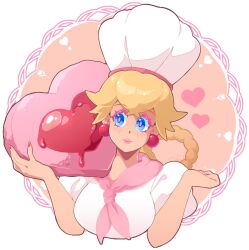 Rule 34 | 1girl, alternate hairstyle, blonde hair, blue eyes, blush, braid, breasts, cake, chef, chef hat, closed mouth, colored eyelashes, crossed bangs, earrings, female focus, food, hair flaps, hair rings, hands up, happy, hat, heart, heart-shaped food, holding, holding food, jewelry, lipstick, long hair, looking to the side, makeup, mario (series), medium breasts, nail polish, neckerchief, nintendo, orange background, patissiere peach, pink lips, pink nails, pink neckerchief, pink pupils, princess peach, princess peach: showtime!, puffy short sleeves, puffy sleeves, round image, shirt, short sleeves, smile, solo, upper body, weepinbelly, white hat, white shirt