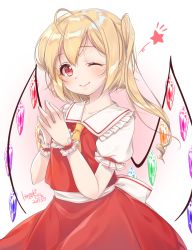 Rule 34 | 1girl, ahoge, artist name, blonde hair, blush, collarbone, commentary request, cowboy shot, dated, flandre scarlet, frilled shirt collar, frilled sleeves, frills, gradient background, hair between eyes, haruki (colorful macaron), head tilt, highres, looking at viewer, no headwear, one eye closed, own hands together, pink background, puffy short sleeves, puffy sleeves, red eyes, red skirt, red vest, shirt, short hair, short sleeves, side ponytail, skirt, smile, solo, standing, star (symbol), steepled fingers, touhou, vest, white background, white shirt, wings, wrist cuffs