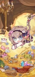 Rule 34 | 1girl, absurdres, animal, animal ear fluff, animal ears, bug, butterfly, can (honkai impact), candle, cat, cat ears, cat girl, cat tail, chibi, chinese commentary, coin, elysia (honkai impact), eta, gold, heterochromia, highres, honkai (series), honkai impact 3rd, insect, light brown hair, mask, official alternate costume, official art, official wallpaper, open mouth, own hands together, pardofelis (honkai impact), pink ribbon, ribbon, star (symbol), stuffed animal, stuffed toy, tail, white cat