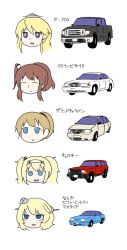 Rule 34 | 5girls, :d, big hair, blonde hair, blue eyes, braid, brown hair, car, closed eyes, colorado (kancolle), commentary, dodge (company), ford, ford mustang, gambier bay (kancolle), garrison cap, hair ornament, hair tie, hairband, hat, head only, headgear, highres, intrepid (kancolle), iowa (kancolle), jeep, jeep cherokee, kantai collection, long hair, machinery, motor vehicle, multiple girls, one side up, open mouth, pickup truck, pon (0737), ponytail, saratoga (kancolle), short hair, side braids, sidelocks, simple background, smile, smokestack hair ornament, sports utility vehicle, star-shaped pupils, star (symbol), symbol-shaped pupils, tilted headwear, translated, triangle mouth, truck, tsurime, twintails, vehicle, vehicle focus, wavy mouth, white background