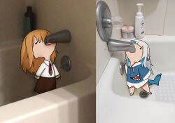 Rule 34 | . ., animal costume, bathroom, bathtub, blonde hair, blue hair, blue hoodie, blunt bangs, brown skirt, chibi, commentary, drawstring, english commentary, faucet, fins, fish tail, gawr gura, gawr gura (1st costume), hair ornament, highres, hololive, hololive english, hood, hood down, hoodie, looking up, multicolored hair, necktie, photo background, shark costume, shark hair ornament, shark tail, sharp teeth, shirt, short hair, skirt, soap bottle, streaked hair, tail, teeth, tongue, tongue out, torororose, two side up, virtual youtuber, watson amelia, watson amelia (1st costume), white hair, white shirt