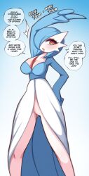 Rule 34 | 1girl, alternate color, arm up, blue hair, blue skin, blush, breasts, colored skin, creatures (company), english text, exercising, game freak, gardevoir, gen 3 pokemon, hair over one eye, hand on own hip, highres, large breasts, multicolored skin, nintendo, open mouth, orange eyes, pokemon, pokemon (creature), ringed eyes, saltyxodium, shiny pokemon, solo, speech bubble, standing, stretching, teeth, tongue, upper teeth only, white skin