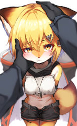 Rule 34 | 1girl, absurdres, animal ears, arknights, arms behind back, black gloves, black shorts, blonde hair, blush, closed mouth, doctor (arknights), fox ears, fox girl, fox tail, furrification, furry, furry female, gloves, hair between eyes, hair ornament, hairclip, hand on another&#039;s head, headpat, highres, looking at viewer, midriff, navel, open fly, short hair, shorts, tab head, tail, vermeil (arknights), wavy mouth, yellow eyes