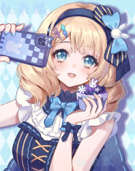 Rule 34 | absurdres, bare arms, blonde hair, blue eyes, blue nails, blush, bob cut, bow, camera, checkered background, cupcake, dress, fingernails, food, frilled dress, frills, glitter, hair ornament, highres, holding, holding camera, icing, jm hongmigao, lace, lifted by self, nail polish, original, phone, rabbit, ribbon, round teeth, selfie, smile, teeth