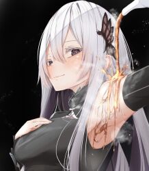 Rule 34 | 1girl, absurdres, armpits, bare shoulders, black dress, blush, breasts, butterfly hair ornament, closed mouth, colored eyelashes, detached sleeves, dress, echidna (re:zero), hair between eyes, hair ornament, hand on own chest, highres, kisaragi yaya, long hair, long sleeves, looking at viewer, medium breasts, purple eyes, re:zero kara hajimeru isekai seikatsu, simple background, smile, solo, steam, striped clothes, striped dress, teapot, vertical-striped clothes, vertical-striped dress, very long hair, white hair