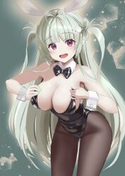 Rule 34 | :d, adjusting clothes, animal ears, antenna hair, black bow, black bowtie, black leotard, bowtie, breasts, brown pantyhose, detached collar, fake animal ears, fake tail, goddess of victory: nikke, green hair, green nails, heart antenna hair, highleg, highleg leotard, large breasts, leaning forward, leotard, light blush, long hair, looking at viewer, nail polish, open mouth, pantyhose, pink eyes, playboy bunny, rabbit ears, rabbit tail, smile, soda (nikke), soda (twinkling bunny) (nikke), strapless, strapless leotard, tail, twintails, vesper (pixiv3568), wrist cuffs