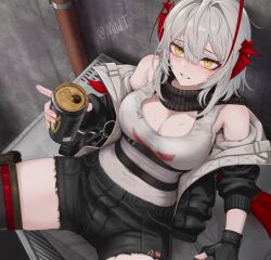 Rule 34 | 1girl, ahoge, alcohol, arknights, bare shoulders, beer, beer can, black gloves, black jacket, black scarf, black shorts, blush, breasts, can, cleavage, commentary, demon girl, demon horns, drink can, drunk, fingerless gloves, gloves, grey hair, guinness (beer), highres, holding, horns, jacket, large breasts, leaning back, long sleeves, looking at viewer, mildt, multicolored hair, official alternate costume, open clothes, open jacket, red hair, scarf, shirt, short hair, short shorts, shorts, signature, sitting, sitting on object, smile, solo, spread legs, thighhighs, w (arknights), white shirt, yellow eyes