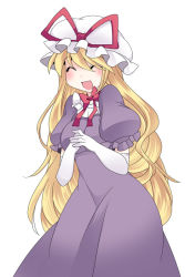 Rule 34 | 1girl, ^ ^, blonde hair, choker, closed eyes, dress, elbow gloves, gloves, hammer (sunset beach), hat, long hair, open mouth, own hands clasped, own hands together, purple dress, ribbon choker, simple background, smile, solo, touhou, wavy hair, white background, yakumo yukari