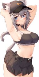 Rule 34 | 1girl, absurdres, animal ear fluff, animal ears, armpits, arms up, baseball cap, black skirt, blue eyes, breasts, cat ears, cat girl, cat tail, cleavage, closed mouth, commission, crop top, grey fur, grey hair, hat, highres, jun (aousa0328), looking at viewer, medium breasts, medium hair, navel, original, simple background, skeb commission, skirt, solo, tail, white background