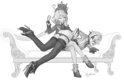 Rule 34 | 2girls, arlecchino (genshin impact), artist name, ass, clothes pull, couch, furina (genshin impact), genshin impact, greyscale, high heels, insonia, laughing, leg up, looking back, monochrome, multiple girls, over the knee, panties, pants, pants pull, panty pull, role reversal, spanking, underwear