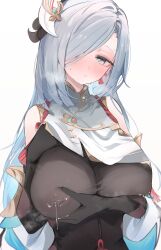 Rule 34 | 1girl, blue eyes, blue hair, blush, bodysuit, breast curtain, breast hold, breasts, clothing cutout, covered erect nipples, genshin impact, hair over one eye, highres, huge breasts, lactation, lactation through clothes, mikozin, shenhe (genshin impact), shoulder cutout, solo