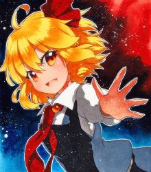 Rule 34 | 1girl, ahoge, bad id, bad pixiv id, black skirt, black vest, blonde hair, collared shirt, dark background, foreshortening, from side, long sleeves, looking at viewer, looking to the side, outstretched arm, outstretched hand, qqqrinkappp, red neckwear, rumia, shikishi, shirt, short hair, skirt, skirt set, solo, touhou, traditional media, vest, white shirt