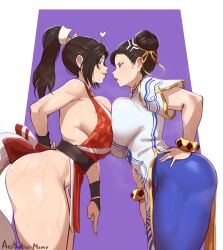 Rule 34 | 2girls, absurdres, aestheticc-meme, anger vein, breast contest, breast press, breasts, capcom, chun-li, crossover, fatal fury, highres, large breasts, long hair, multiple girls, rivalry, rivals, shiranui mai, smile, street fighter, street fighter 6, sweat, symmetrical docking, the king of fighters, thick thighs, thighs