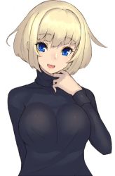Rule 34 | 1girl, arm behind back, black sweater, blonde hair, blue eyes, bob cut, breasts, covered collarbone, etrian odyssey, head tilt, large breasts, looking at viewer, open mouth, phalanx (sekaiju), sekaiju no meikyuu, sekaiju no meikyuu 3, short hair, simple background, smile, solo, sweater, takamine nadare, turtleneck, upper body, white background