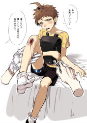 Rule 34 | 1boy, 1other, aged down, ahoge, alternate costume, bandaid, black bag, black shorts, blood, blue male underwear, blush, brown hair, collarbone, commentary request, crying, danganronpa (series), danganronpa 2: goodbye despair, gloves, hinata hajime, holding, injury, male focus, male underwear, open mouth, shirt, shoes, shorts, single glove, sitting, socks, solo focus, spiked hair, tewa (0120831), translation request, underwear, white gloves, yellow eyes, yellow shirt