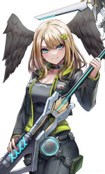 Rule 34 | 1girl, black bodysuit, black wings, bodysuit, breast tattoo, breasts, eunie (xenoblade), green hoodie, head wings, highres, holding, holding weapon, hood, hoodie, jacket, large breasts, latex, latex bodysuit, leather, leather jacket, simple background, solo, tattoo, weapon, white background, wings, wszkii, xenoblade chronicles (series), xenoblade chronicles 3