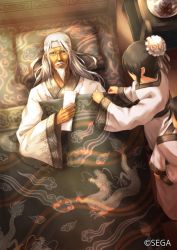 Rule 34 | 1boy, 2girls, beard, black hair, blanket, chinese clothes, faceless, faceless female, facial hair, from above, hanfu, headband, long hair, lying, multiple girls, mustache, official art, old, old man, on back, on bed, pillow, sangokushi taisen, shingo (picturepuzzle), watermark, white hair, wide sleeves
