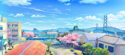 Rule 34 | absurdres, artist logo, blue sky, bridge, building, chain-link fence, cherry blossoms, cloud, commentary request, dated, day, dumpster, fence, highres, hill, house, no humans, original, outdoors, pool, scenery, sky, spring (season), toufu (inu no mayuge), town, tree