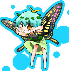 Rule 34 | 1girl, antennae, aqua hair, barefoot, blush, butterfly wings, dress, eternity larva, fairy, full body, green dress, grin, hair between eyes, index fingers raised, insect wings, kawara hajime, leaf, leaf on head, multicolored clothes, multicolored dress, one eye closed, short hair, short sleeves, single strap, smile, solo, touhou, wings, yellow eyes