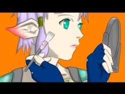 Rule 34 | 1girl, breath of fire, breath of fire v, cupid, elf, letterboxed, makeup, mirror, orange background, parody, pointy ears, simple background, solo