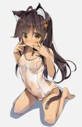 Rule 34 | 1girl, 3:, ahoge, animal ears, bare shoulders, barefoot, blush, cat ears, cat tail, choker, closed mouth, clothes writing, collarbone, hair ornament, highres, long hair, looking at viewer, nipples, nose blush, old school swimsuit, one-piece swimsuit, original, school swimsuit, see-through, shiny skin, simple background, sitting, sketch, solo, swimsuit, tail, wariza, white background, yanagi yuu, yellow eyes