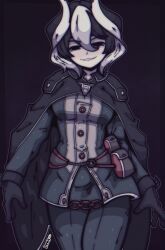 1girl absurdres artist_name belt_pouch black_background black_cape black_eyes black_gloves black_hair black_pants breasts cape emmavania gloves highres looking_at_viewer made_in_abyss multicolored_hair ozen pants pouch simple_background smug solo streaked_hair two-tone_hair white_hair