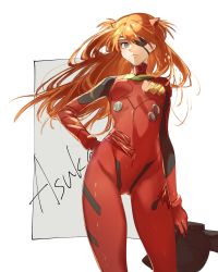Rule 34 | 1girl, artist request, blue eyes, bodysuit, breasts, character name, curvy, eyebrows visible through, floating hair, hair between eyes, hand on own hip, highres, long hair, looking at viewer, neon genesis evangelion, orange hair, plugsuit, red bodysuit, shiny clothes, simple background, skin tight, smile, solo, souryuu asuka langley, standing, two side up, very long hair