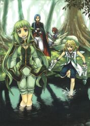 Rule 34 | 1girl, 3boys, absurdres, animal, black cape, blonde hair, blue eyes, blue hair, blue pants, bracelet, brown hair, cape, crossed arms, dress, forest, green dress, green eyes, green hair, green pants, highres, hitoshi ichimura, jewelry, kratos aurion, lake, long hair, long sleeves, low ponytail, martel (tales), mithos yggdrasill, multiple boys, nature, noishe, on grass, open mouth, pants, scan, shoes, sidelocks, sitting, smile, spiked hair, splashing, sweatdrop, tales of (series), tales of symphonia, tree, unworn shoes, very long hair, wading, white pants, yuan (tales)