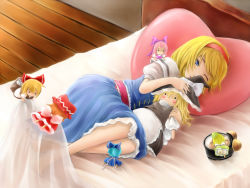 Rule 34 | 1girl, alarm clock, alice margatroid, bed, bed sheet, blonde hair, blue eyes, character doll, clock, doll, dress, female focus, ginto, hat, highres, kirisame marisa, lying, on side, pillow, solo, touhou, wink