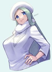 Rule 34 | 1girl, artist name, blue eyes, blue hair, breasts, closed mouth, creatures (company), cropped torso, eyelashes, fur hat, game freak, green background, green hair, green nails, gym leader, hand on own hip, hat, highres, jewelry, large breasts, long hair, long sleeves, looking at viewer, melony (pokemon), multicolored hair, nail polish, nintendo, pokemon, pokemon swsh, ring, scarf, simple background, smile, solo, sweater, thick eyebrows, totennko, two-tone hair, wedding band, white hat, white scarf, white sweater