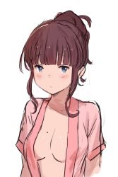 Rule 34 | 10s, 1girl, :/, alternate hairstyle, blue eyes, blush, breasts, brown hair, closed mouth, collarbone, eyebrows, hair up, hanarito, looking at viewer, medium breasts, mole, mole on breast, new game!, open clothes, short sleeves, simple background, sketch, solo, takimoto hifumi, upper body, white background