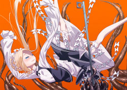 Rule 34 | 1girl, abigail williams (fate), abigail williams (festival outfit) (fate), arms up, black skirt, black vest, blonde hair, bloomers, blue eyes, blush, bow, braid, breasts, cluseller, falling, fate/grand order, fate (series), female focus, forehead, french braid, hair bow, half-closed eyes, happy, heart, key, keyhole, layered skirt, long hair, long sleeves, looking up, official alternate costume, open mouth, orange background, orange bow, oversized object, shirt, sidelocks, skirt, sleeves past fingers, sleeves past wrists, small breasts, smile, solo, spread legs, teeth, tentacles, underwear, vest, white bloomers, white bow, white shirt