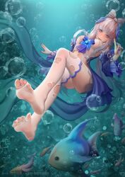 Rule 34 | 1girl, absurdres, air bubble, aqua background, artist name, blue bow, blue horns, blue nails, bow, bow-shaped hair, breasts, bubble, closed mouth, detached sleeves, feet, fish, frilled sleeves, frills, genshin impact, gradient hair, grey hair, hair ornament, highres, horns, legs, long hair, long sleeves, medium breasts, multicolored hair, nail polish, no shoes, pink hair, purple eyes, sangonomiya kokomi, senyahiro, sidelocks, soles, solo, thighhighs, thighs, toes, torn clothes, torn thighhighs, underwater, white thighhighs, wide sleeves