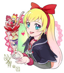 Rule 34 | 1girl, :p, aida mana, black jacket, blonde hair, blue eyes, blush, cupping hands, dated, dessert, dokidoki! precure, dress, eyelashes, food, fruit, hair ornament, hair ribbon, heart, ice cream, jacket, long hair, moudoku (decopon3rd), own hands together, precure, red ribbon, regina (dokidoki! precure), ribbon, solo, strawberry, tongue, tongue out, translation request