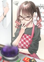 Rule 34 | 1girl, absurdres, apron, bad food, brown hair, calendar (object), chocolate, commentary, cooking, glasses, gloom (expression), gradient hair, highres, multicolored hair, original, rinku (rin9), twintails, two-tone hair, valentine