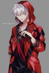 Rule 34 | 1boy, asahi nayuta, character name, english text, from argonavis, grey background, highres, holding, holding microphone, hood, hooded jacket, jacket, jewelry, male focus, microphone, mugen25, red eyes, red jacket, ring, simple background, sleeves rolled up, solo, upper body, white hair
