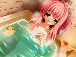 Rule 34 | 1girl, bath, blush, candle, collarbone, covering privates, figu@mate, fingernails, game cg, green eyes, half-closed eyes, legs together, long hair, looking at viewer, mitsuki mantarou, nude, open mouth, ponytail, red hair, rubber duck, sitting, solo