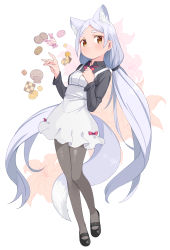 Rule 34 | 1girl, animal ear fluff, animal ears, black footwear, black pantyhose, black shirt, brown hair, candy, closed mouth, cookie, dot mouth, food, fox ears, fox girl, fox shadow puppet, fox tail, full body, highres, long hair, long sleeves, looking at viewer, low twintails, original, pantyhose, saiste, shirt, shoes, simple background, solo, tail, thick eyebrows, twintails, very long hair, white background, white hair, wing collar