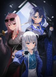 Rule 34 | 3girls, blue eyes, blue hair, broken screen, choker, earrings, eyewear on head, formal, gawr gura, gun, highres, holding, holding gun, holding sword, holding weapon, hololive, hololive english, jewelry, katana, long coat, long hair, mafia (vocaloid), midriff, mori calliope, multiple girls, necktie, ouro kronii, over shoulder, pendant, pink hair, q (hololive), red eyes, sharp teeth, shuvi (shuvi1125), sleeves past fingers, sleeves past wrists, smile, suit, sunglasses, suspenders, sword, teeth, virtual youtuber, vocaloid, weapon, weapon over shoulder, white hair