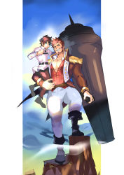 Rule 34 | 2boys, bara, belt, blue eyes, boots, brown hair, cannon, carrying, carrying person, epaulettes, facial hair, fate/grand order, fate (series), fringe trim, goatee, grin, highres, huge weapon, jacket, leather, leather boots, leather jacket, long sideburns, long sleeves, male focus, mature male, military, military uniform, multiple boys, muscular, muscular male, napoleon bonaparte (fate), open clothes, open jacket, open shirt, pants, partially unbuttoned, pectoral cleavage, pectorals, short hair, sideburns, smile, thick thighs, thighs, tight clothes, tofu (tofulabo), unfinished, uniform, weapon, white pants