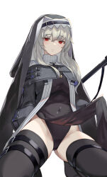 Rule 34 | 1girl, arknights, black panties, black thighhighs, clothes lift, highres, kozeni isari, panties, pelvic curtain, pelvic curtain lift, red eyes, specter (arknights), thighhighs, underwear, white hair