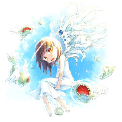 Rule 34 | 1girl, ahoge, barefoot, blue sky, brown hair, creature, dress, fang, feathered wings, floating, full body, halo, long hair, looking at viewer, open mouth, original, plantar flexion, rakuni, red eyes, sky, sleeveless, sleeveless dress, solo, spaghetti strap, white dress, white wings, wings