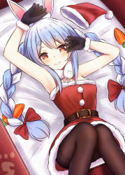 Rule 34 | 1girl, absurdres, alternate costume, animal ear fluff, animal ears, armpits, black pantyhose, braid, carrot, christmas, food-themed hair ornament, hair ornament, hat, highres, hololive, huge filesize, knees together feet apart, pantyhose, pikao, pom pom (clothes), rabbit-shaped pupils, rabbit ears, rabbit girl, red hat, santa hat, solo, symbol-shaped pupils, twin braids, usada pekora, virtual youtuber, wavy mouth