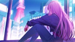 Rule 34 | 1girl, cityscape, denim, digital media player, earbuds, earphones, ekao, hololive, hololive english, jacket, jeans, long hair, mori calliope, on floor, pants, pink hair, red eyes, sitting, tokyo tower, virtual youtuber, window