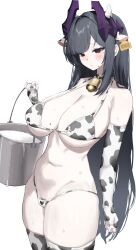 1girl absurdres animal_ears animal_print bell bikini black_hair blush breasts bucket choker cow_ears cow_horns cow_print cow_print_bikini cow_print_gloves cow_print_thighhighs cowbell demon_horns ear_tag elbow_gloves gloves highres holding holding_bucket horns krabking long_hair milk mole mole_on_breast mole_under_eye navel neck_bell original print_bikini print_gloves print_thighhighs red_eyes simple_background solo stomach strap_gap sweat swimsuit thighhighs very_long_hair white_background