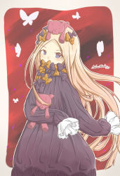 Rule 34 | 1girl, abigail williams (fate), absurdres, black bow, black dress, blonde hair, blue eyes, blush, bow, bug, butterfly, commentary, covered mouth, dress, fate/grand order, fate (series), hair bow, hands in opposite sleeves, highres, insect, long hair, long sleeves, looking at viewer, mokamocha, hugging object, on head, orange bow, parted bangs, polka dot, polka dot bow, solo, stuffed animal, stuffed toy, teddy bear, very long hair