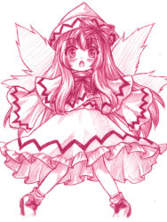 Rule 34 | 1girl, blush, bow, fairy wings, graphite (medium), hair bow, hat, lily white, long hair, monochrome, open mouth, pigeon-toed, sketch, solo, touhou, traditional media, wings, yuran (kuen-hien)