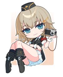 Rule 34 | 1girl, :3, armband, artist name, black footwear, black hat, black necktie, black socks, blonde hair, blue eyes, blush, boots, breasts, camera, closed mouth, commentary, crossed bangs, english commentary, full body, garrison cap, girls&#039; frontline, hair ornament, hairclip, hat, high heel boots, high heels, highres, holding, holding camera, looking at viewer, medium breasts, military, military hat, military uniform, mp41 (girls&#039; frontline), necktie, panties, pantyshot, polka dot, polka dot background, red armband, rynzfrancis, shirt, short hair, simple background, sitting, skirt, smile, socks, solo, twitter username, underwear, uniform, white panties, white shirt, white skirt, white wrist cuffs, wrist cuffs