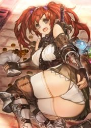 Rule 34 | 1girl, armor, ass, between breasts, black eyes, black gloves, blush, breasts, coin, detached sleeves, earrings, elf, fingerless gloves, flask, gloves, greaves, hair ribbon, jewelry, large breasts, long hair, looking at viewer, lying, miniskirt, on ground, on side, open mouth, original, panties, pantyshot, pavement, pointy ears, potion, red hair, ribbon, sack, sheath, sheathed, skirt, solo, spill, strap between breasts, stud earrings, sword, tears, thighhighs, twintails, underwear, vambraces, wavy mouth, weapon, white panties, white thighhighs, yaoya musuko